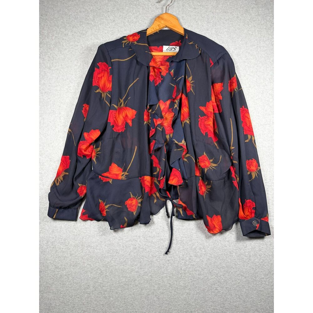 Vintage HBS Collection Woman Navy Red Rose Ruffle Blouse Womens 2X 3882